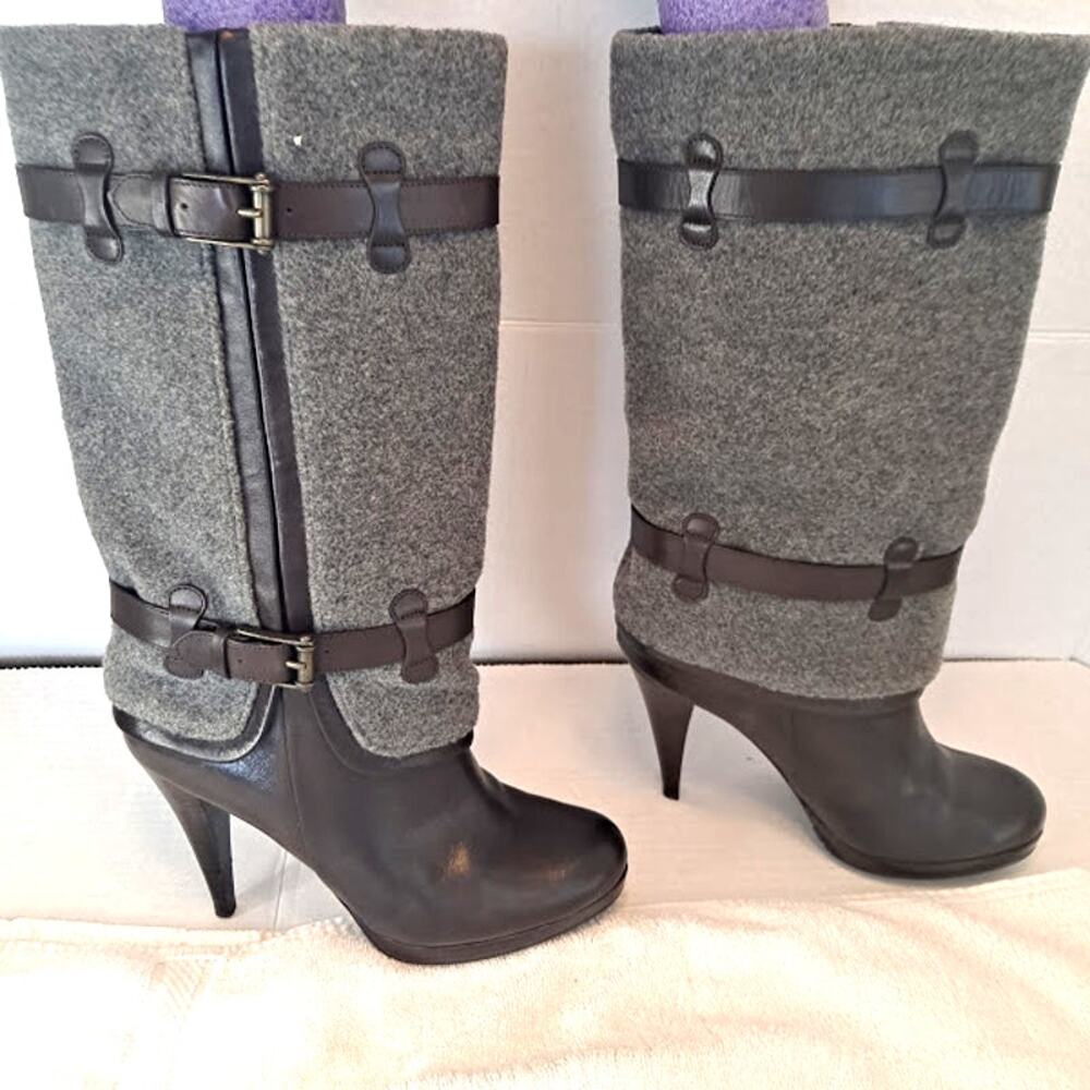 Cole Haan 4" Heel Statement Boot Size 7.5B Kennedy Wool Straps Buckles Boss Lady